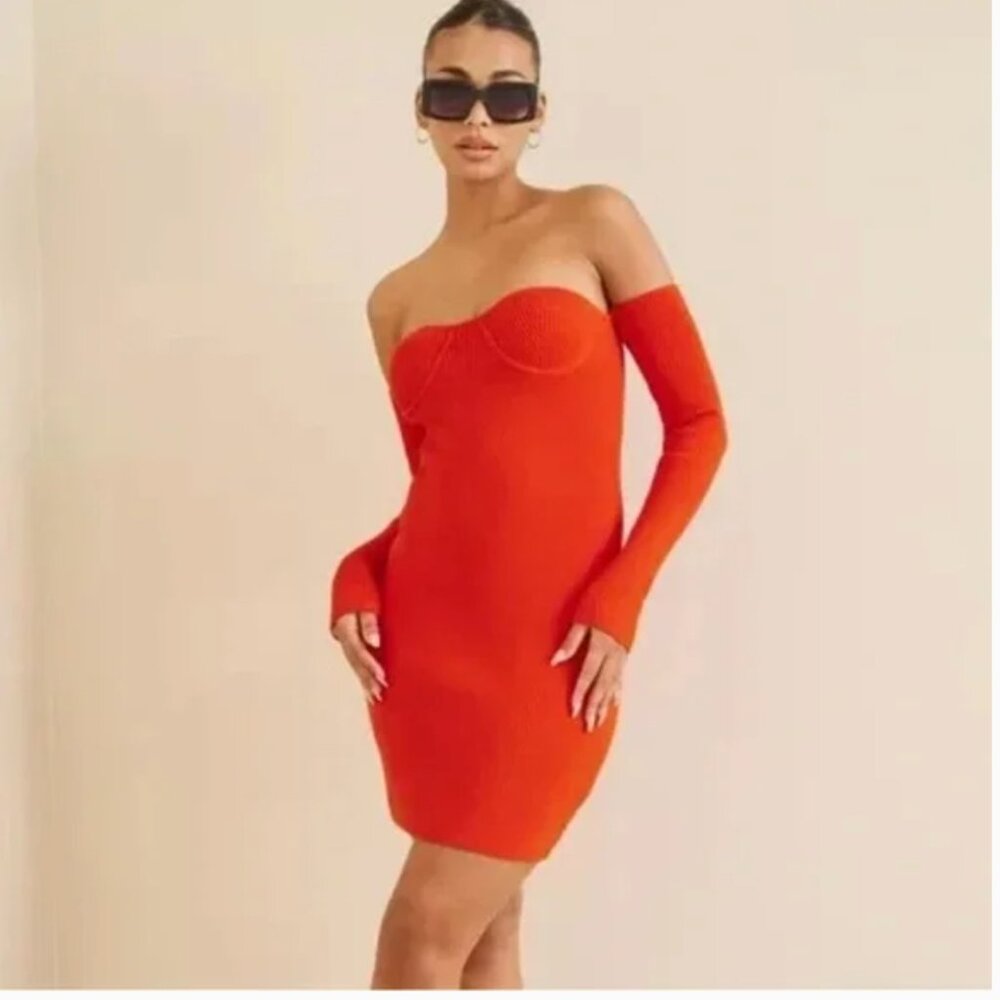 Helmut Lang Contour Off Shoulder Mini Knit Dress in Poppy Orange